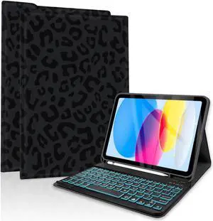 TopPerfekt for Bluetooth Keyboard iPad 10th Gen 10.9 inch (2022) case iPad (A16) 11th / 10th Gen Case 11'' (2025) with 7-Color Backlights, Pencil Holder, Detachable, Rechargeable - Black Leopard