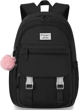 WINDARS School Backpack for Teen Girls, Cute College Backpacks for Women Students Aesthetic Bookbag Large 15.6 Inch Laptop Bag Middle School Travel Back Pack (Black)