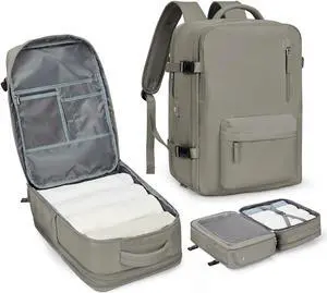 Large Travel Laptop Backpack, Expandable Flight Approved Backpack, Carry on Backpack for Women, Waterproof 17inch Laptop Hiking Backpack with Shoe Compartment, Grey Brown