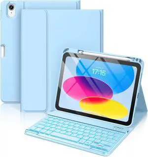 Hamile for iPad 11th 10th Generation Case with Keyboard - 7 Colors Backlit Wireless Detachable Folio Keyboard Cover with Pencil Holder for iPad 11-inch A16 2025 10th Gen 10.9 Inch 2022 (Sky Blue)