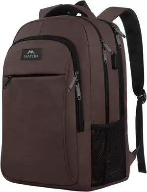 MATEIN Laptop Backpack, Extra Large TSA Friendly 17.3 Inch Travel Computer Backpack with USB Charging Port, Anti Theft Carry On Flight Approved Business Work College Backpack Bag for Men Women, Brown