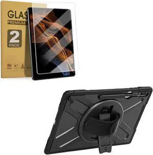 ZenRich Bundle for Samsung Galaxy Tab S8 Ultra: 2 Package Tempered Glass Screen Protector and Rugged Case with Kickstand,Hand Strap, Black