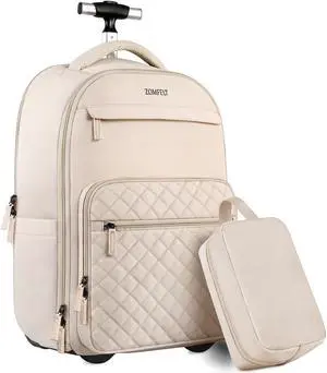 ZOMFELT Rolling Backpack for Women, Travel Backpack with Wheels, 17 Inch Laptop Backpack with Toiletry Bag, Carry on Luggage Wheeled Backpack for Travel Trip Business Beige