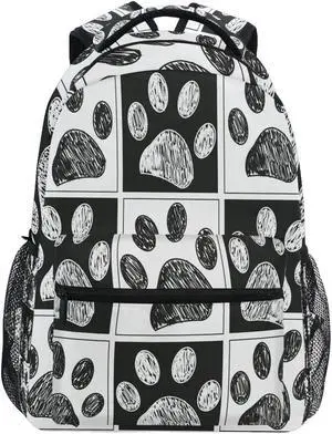 Pfrewn Doodle Black White Cat Dog Paws Print Backpacks for Girls Boys Animals School Backpack Bookbags for Kids Students 17"