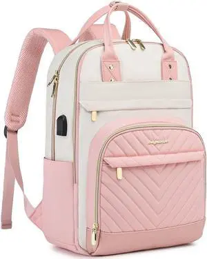 Backpack for Women Laptop Bag: Work Travel Backpacks Fits 17 inch Computer Waterproof College Bookbag with USB Charger Anti-theft Business Casual Backpack Purse for Nurse Teacher Beige Pink