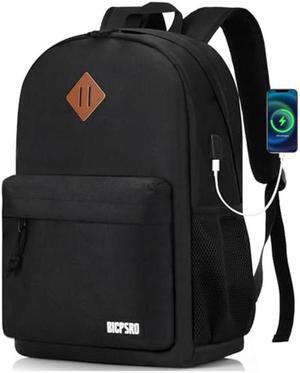 BICPSRO Backpack for Women Men, Lightweight School Backpack for Girls Boys Teens, 17.3 Inch Laptop Daily Use back pack with USB Charger, College High School Bookbag mochilas para hombres, Black