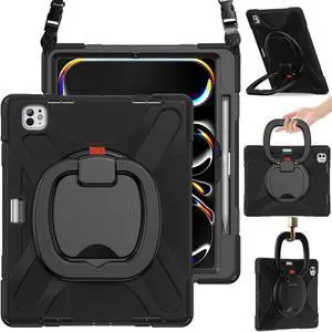 BRAECN Case for iPad Pro 13 Inch (M4) 2024, Heavy Duty Rugged Silicone Cover with Built-in Pencil Holder, Shoulder Strap, 360° Rotating Handle Grip, Stable Kickstand for iPad Pro 13 M4 2024, Black