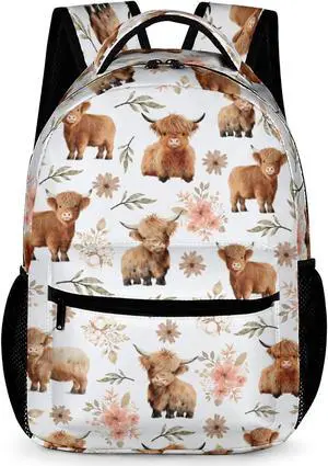 Highland Cow Backpack for Girls Boys, Elementary Middle High School Bookbags for Teen Kids, Large Travel Laptop Back Packs for College Students, Durable Lightweight School Bag, Highland Cattle Pattern