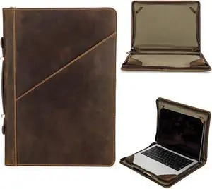 CataPurus Top Grain Leather 16.2" Slim Laptop Zipper Folio Case Bag, Handmade & 2 Pockets, Compatible with MacBook Pro 16.2" A2485 M1 Max 15" Touch Bar A2141 A1707 Pro 16" Touch ID, Coffee 16.2 Inch