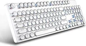Retro Vintage 104- Key Hot-Swappable Mechanical Wireless Keyboard with White LED Backlit Typewriter: Bluetooth/2.4 G/USB for Multi-Device: PC/Mac/iPad/Smartphone/(Blue Switch, Rechargeable, White)