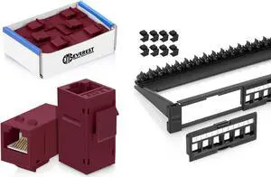 Everest Media Solutions Bundle - 2 Items: 24-Port Keystone Patch Panel + 6 Pack of RJ45 CAT6 Keystone Couplers - Red