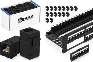 Everest Media Solutions Bundle  2 Items: 48-Port Keystone Patch Panel + 48 Pack of RJ45 CAT6 Keystone Couplers - Black