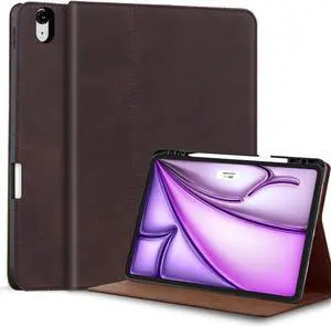 Gexmil Genuine Leather Case for iPad Air 13 Inch M3 2025/ M2 2024,Premium Leather Smart Folio Cover with Pencil Holder, Auto Sleep/Wake,Adjustable Stand, Anti-Slip,Sand Dark Brown