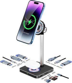 Laptop Docking Station with Wireless Charging Stand Mag-Safe Charger Stand Magnetic Phone Tablet Stand with USB C Hub for MacBook Dell HP iPad Mini Air Pro Galaxy tab iPhone 15/14/13/12 Series AirPods