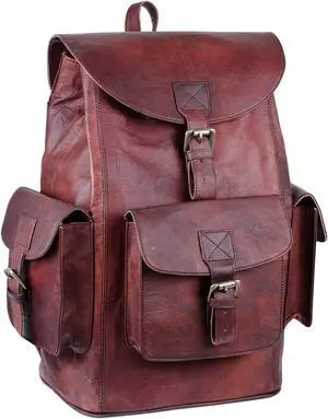 HULSH Vintage Genuine Leather Backpack For Men and Women Men's Retro Classic Shoulder Rucksack Leather Travel Bags for College