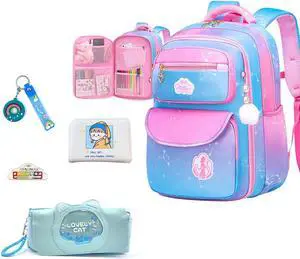 dKargo 5Pcs Blue Pink Kids School Backpack for Girls Laptop Bag Shoulders Bookbag Schoolbag for Students Teen Kids Daypacks Casual Travel Bag (Blue Pink)