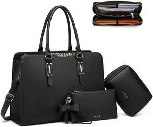 Keyli Laptop Bag for Women Large Waterproof PU Leather Tote Bag Business Office Work Briefcase Fit 15.6 inch Lightweight Trendy Computer Bags Messenger Shoulder Bag Laptop Purse 4pcs Sets Black