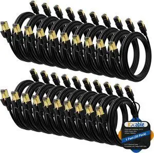 Cat 7 Ethernet Cable 1 Feet (20 Pack), Multi Pack High Speed Internet Cord, CAT7 RJ45 LAN Network Cable, Triple Shielding SFTP 10Gbps 600Mhz Patch Cable, Compatible with CAT6A CAT6 CAT5E CAT5 Cable