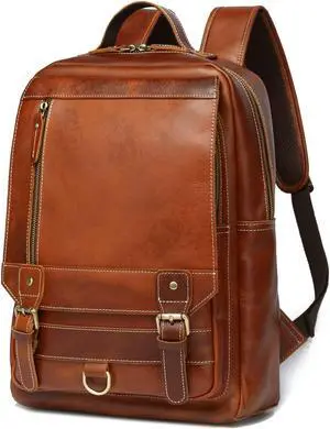 LANNSYNE Vintage Genuine Leather Backpack For Men Fits up to 15" Laptop Travel Hiking Rucksack