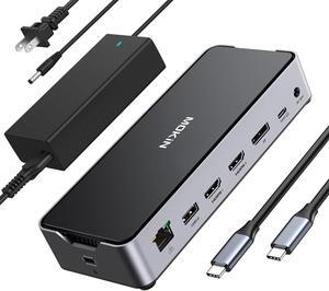USB C Docking Station 3 Monitors Laptop USB C Dock Dual Monitor with 2 HDMI DisplayPort 4K144Hz,USB A 2.0/3.0,USB C 3.1 10Gbps&30W Output,Ethernet,MicroSD&SD,Audio&Mic,150W DC Power for Dell/Lenovo/HP
