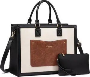 LOVEVOOK Laptop Tote Bag for Women, 15.6 Inch Work Bags, Vintage Leather Tote Bag, Waterproof Computer Bags with Clutch Purse, Large Capacity Messenger Bag for Teacher College Business Office