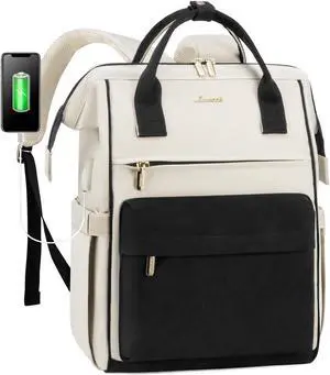 LOVEVOOK Laptop Backpack for Women, 17 Inch Work Teacher Nurse Bag, Large Capacity Business Computer Backpack Purse with USB Port, Stylish Casual Daypack for Travel,Beige&Black
