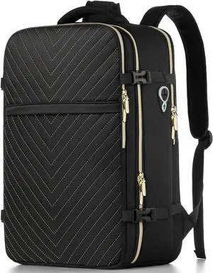 Large Carry On Travel Backpack - Flight Approved Waterproof Luggage Suitcase Backpacks Personal Item Size for Women Men Fit 17 Inch Laptop College Overnight Bag Anti-Theft Weekender Daypack Black Gold