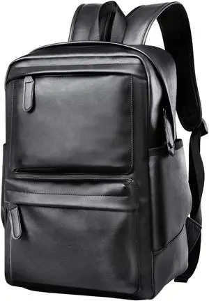 MATE ELAN Black Leather Backpack, Large Capacity Carry On Back Pack Fits 15.6'' Laptop, Water-Resistant Overnight Rucksack for Travel Hiking Business Work PU Backpack