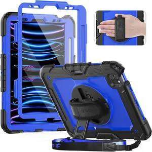 Timecity Case for iPad Pro 11 inch 4th Generation 2022, Shockproof Case with Screen Protector &Pencil Holder+Rotating Stand+Handle for iPad Pro 11 2021/2020/2018 (3rd, 2nd, 1st Gen) - Dark Blue