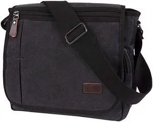 Modoker Messenger Bag for Men Women, 13 Inches Laptop Satchel Bags, Canvas Shoulder Bag with Bottle Pocket, Black