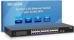 24 Port 2.5G  2 Port 10G SFP+ Ethernet Switch, NICGIGA 26 Port 2.5Gb Network Switch Unmanaged, Plug & Play, Desktop or 19-inch Rack Mount, Fanless Metal Design.