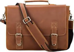 Polare Vintage Full Grain Leather Tote Briefcase Professional 16'' Laptop Shoulder Messenger Bag with YKK Metal Zippers (Light Brown)