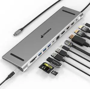 Fosmon 11-in-1 USB-C Hub, Multiport Adapter with 4K Dual HDMI, DisplayPort, USB-C, USB 3.0, USB 2.0, TF, RJ45 Ethernet for Laptops, Tablets