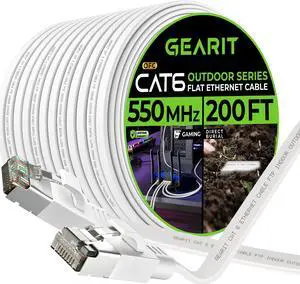 GearIT Cat 6 Outdoor Flat Ethernet Cable (200ft, White) Direct Burial Rated LLDPE Jacket - Indoor Cat6 Shielded FTP 10Gbps High Speed Gaming Computer Network RJ45 Snagless Patch Cord Internet
