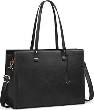 RAINSMORE Laptop Bag for Women 15.6 Inch Vintage Leather Professional Work Tote Bag Waterproof Computer Bag Shoulder Bag (Black)