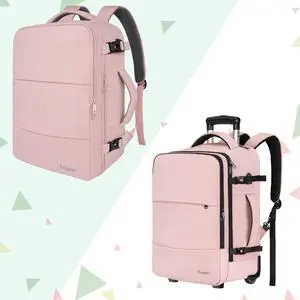 Taygeer Women's Rolling Carry On Backpack with USB Charging Port & Shoe Pouch, 17 inch Laptop Backpack, Pink