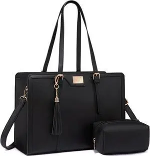 T's Luxury Laptop Tote Bag For Women 15.6 Inch Bag Vegan Leather Briefcase Computer Bag With Clutch Purse For Office Business,Travel, Black.