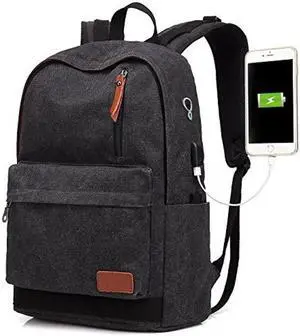 UNIWALK Canvas Laptop Backpack, Waterproof College Backpack With USB Charging Port For Men Women, Vintage Anti-theft Travel Daypack Rucksack Fits up to 15.6 inch Computer(Black)
