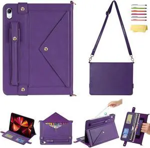 UUcovers Crossbody Handbag Case for iPad (A16) 11th Gen 11" 2025 & iPad 10th Gen 10.9" 2022 with Pencil Holder/Pockets [Shoulder Strap/Hand Strap] Folio Stand Envelope Magnetic Wallet Cover, Purple