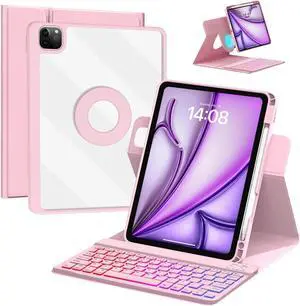 VOWUBO Keyboard Case for iPad Air 11-inch 2025,Magic Detachable Rotating Case for iPad Air 6th/5th/4th Gen Keyboard, iPad Pro 11 inch Case with Keyboard Wireless Backlit, Built-in Pen Holder, Pink