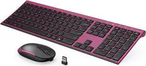 Wireless Keyboard and Mouse, Vssoplor 2.4GHz Rechargeable Compact Quiet Full-Size Keyboard and Mouse Combo with Nano USB Receiver for Windows, Laptop, PC, Notebook-Black and Wine Red