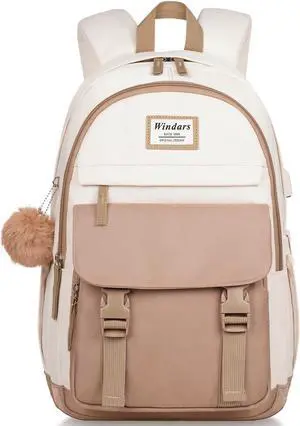 WINDARS School Backpack for Teen Girls, Cute College Backpacks for Women Students Aesthetic Bookbag Large 17.3 Inch Laptop Bag Middle School Travel Back Pack (Khaki Beige)
