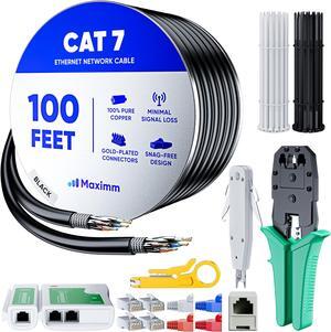 Maximm Cat7 High-Speed Wire Installation Kit 100 ft Black - Crimp Tool, 50 RJ45 Connectors, Tester, Cable Ties, Caps, Adapters - Tools & Accessories Included