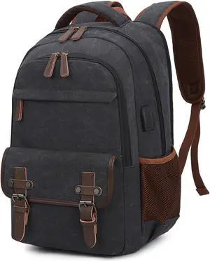 YANHUAKEKE Canvas Laptop Backpack for Men Women,Travel Work Rucksack Fits 15.6 Inch Laptop, Bookbag with USB Charging Port