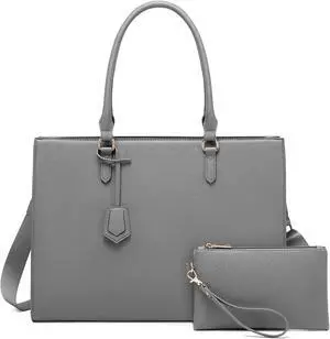 Laptop Tote for Women - 17 inch Casual Work Bag with USB Charging Port & Clutch Purse (Grey)