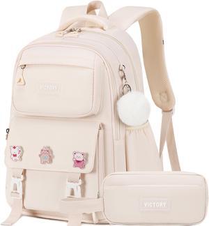AO ALI VICTORY Backpack for Women Girls Set with Pencil Case 15.6 Inch Laptop School Bag Kids Elementary College Backpacks (White)