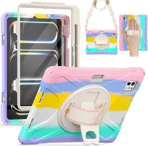 BRAECN Kids Case for iPad Pro 11 inch M4 2024 (5th Gen),Shockproof Silicone with Screen propector/Pencil Holder/Hand Strap/360 Rotating Stand/Cute Cat Shoulder Strap for iPad Pro 11 -Colorful Pink