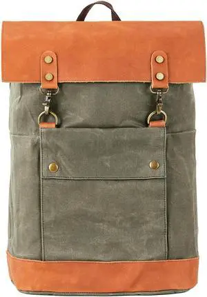 BRASS TACKS Leathercraft Vintage Waterproof Waxed Canvas Leather Backpack for Men Women 15.6" laptop Travel Rucksack