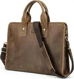 CataPurus Top Grain Leather 14.2" Laptop Slim Briefcase Crossbody Handbag, Handmade & Adjustable Strap, Fits to MacBook Pro/Air 14"/13.3"/13.6" 2021 2022 M1 Pro/M1 Max & A4/A5 Paper, Coffee 14.2 Inch