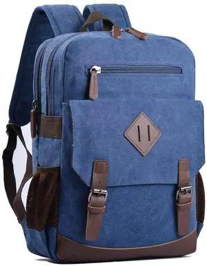 Canvas Vintage Laptop Backpack for Women MenCollege Bookbag Fits 15.6 Inch Laptop (Blue)